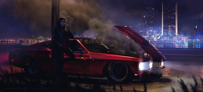 Woman smoking by broken down car with futuristic city background
