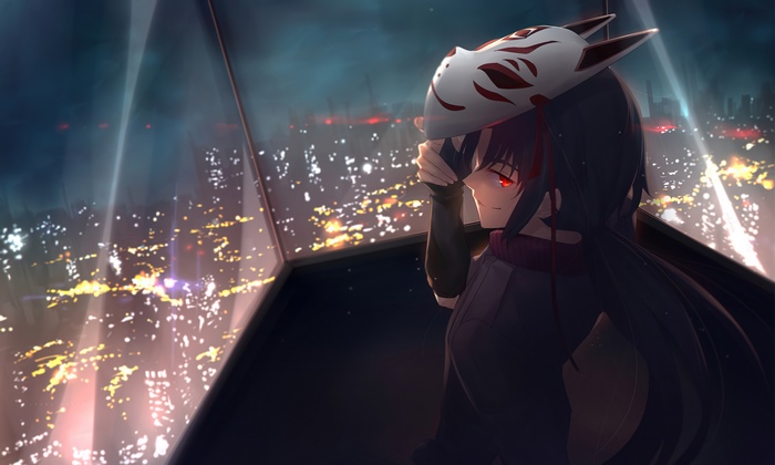 Anime girl with fox mask overlooking city