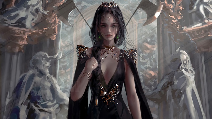 Queen in black dress with axes and statues