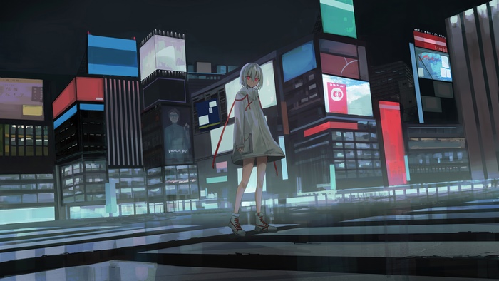 Anime girl in a futuristic city at night