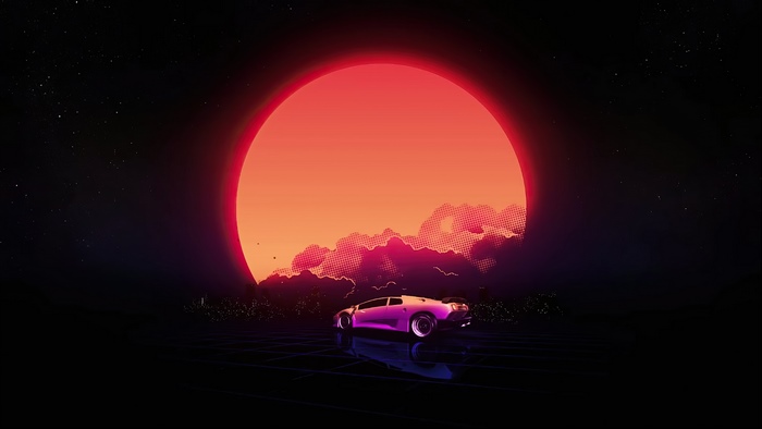 Retrowave artwork with a pink sports car and a large red sun