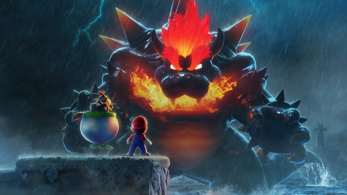 Bowser Jr. and Mario face Bowser in Super Mario 3D World 4K