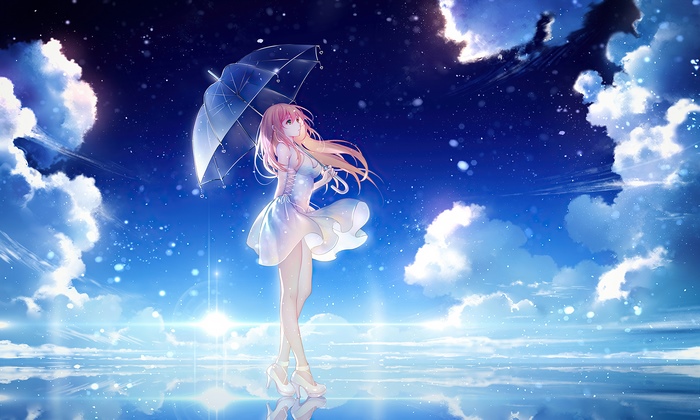Anime girl with umbrella under starry sky