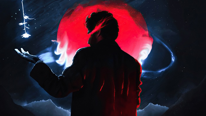 Man holding a glowing rose under a red planet