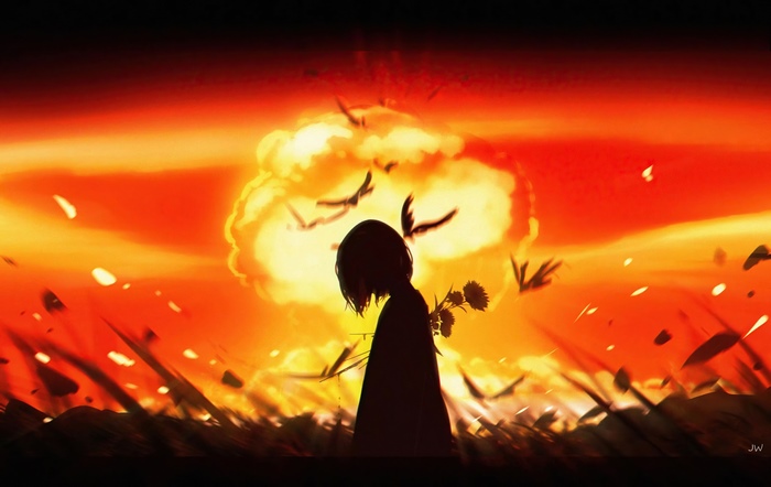 Anime girl with flowers in front of explosion
