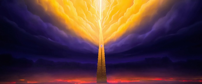 A figure ascends a tall staircase towards a bright light