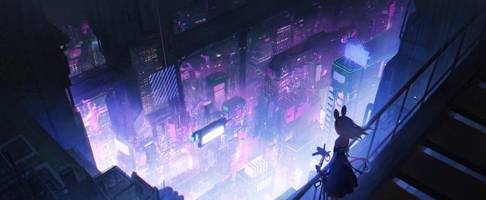 Anime girl with bunny ears overlooking a neon city