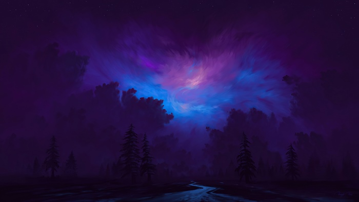 Digital art of a night sky with nebula over a forest