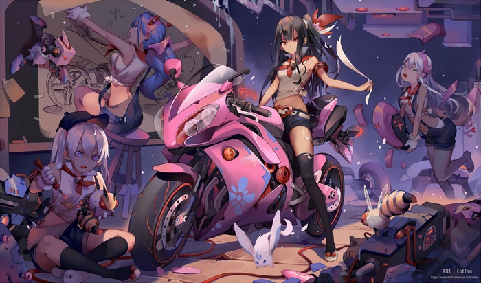 Anime girls working on a pink motorcycle