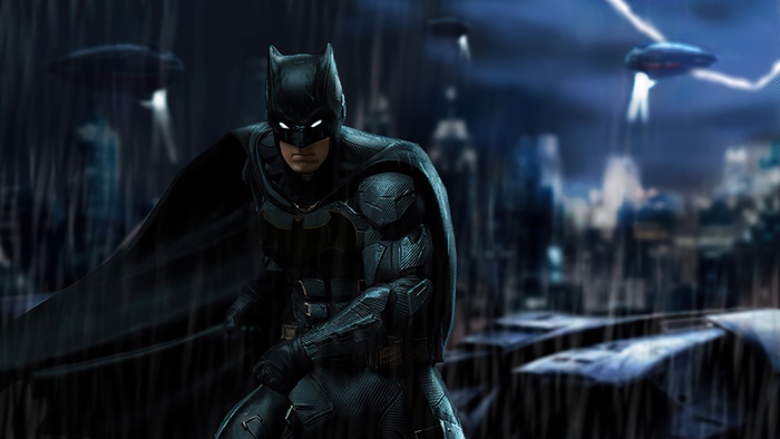Batman in a rainy city with flying saucers
