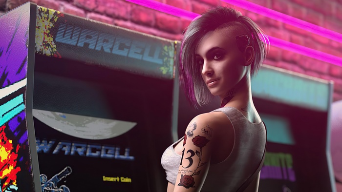 Woman with tattoos and cyberpunk arcade