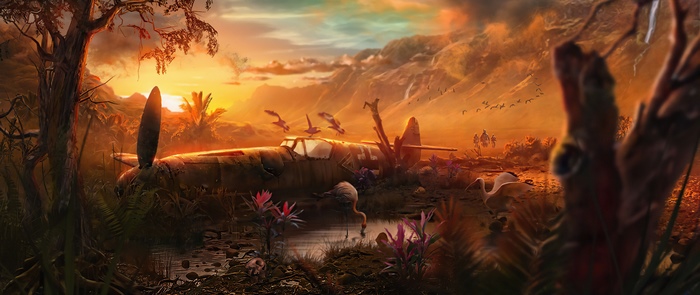 Wrecked airplane in a jungle at sunset