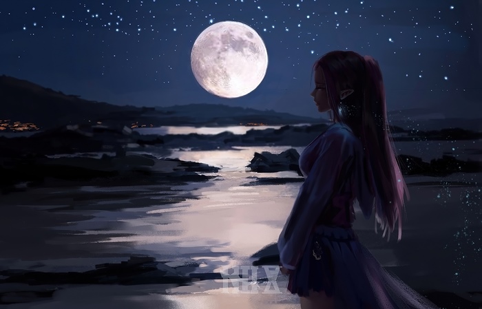 Elf by the Moonlit River in Fantasy Art