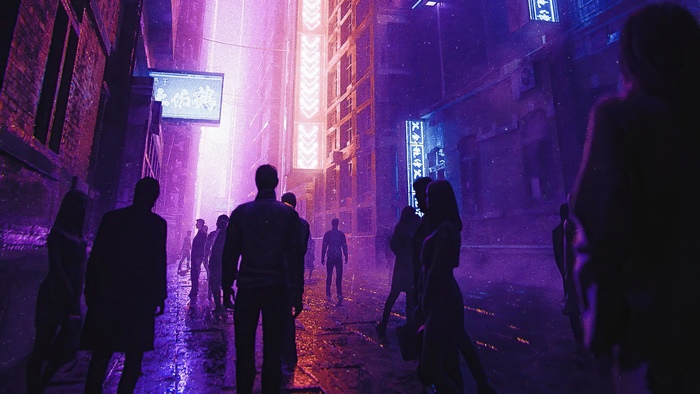 Cyberpunk alleyway with neon lights and silhouetted figures