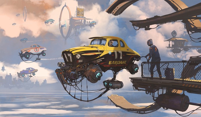 Flying Cars Race in a Futuristic Cityscape