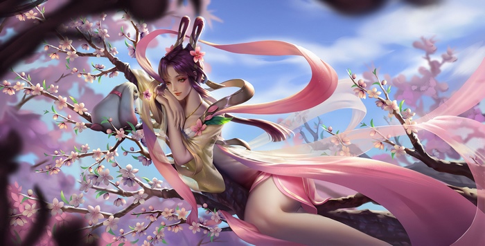 Fantasy girl with rabbit on cherry blossom tree