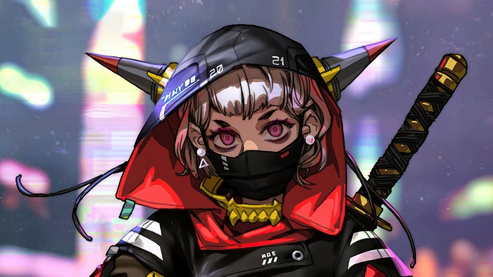 Cyberpunk girl with katana and horns