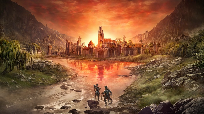 The Elder Scrolls castle by river at sunset