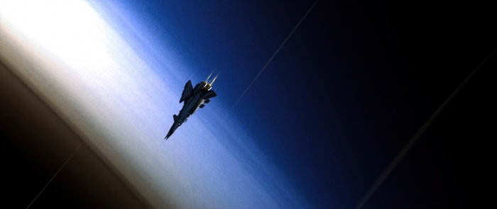 Space fighter jet flying near planet rings