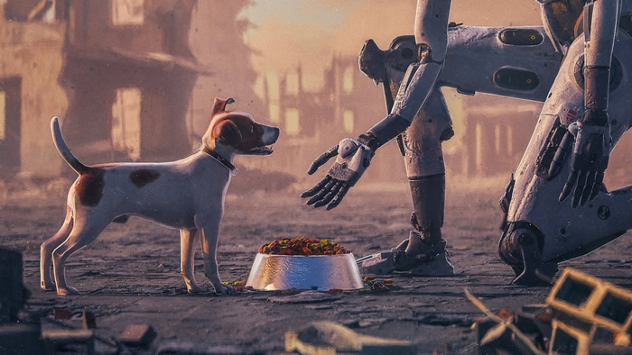 Robot offering food to dog in ruined city