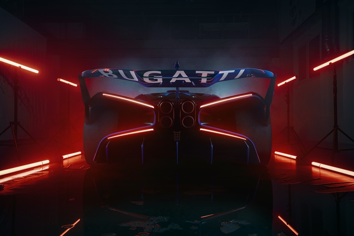 Bugatti Bolide rear view with neon lights