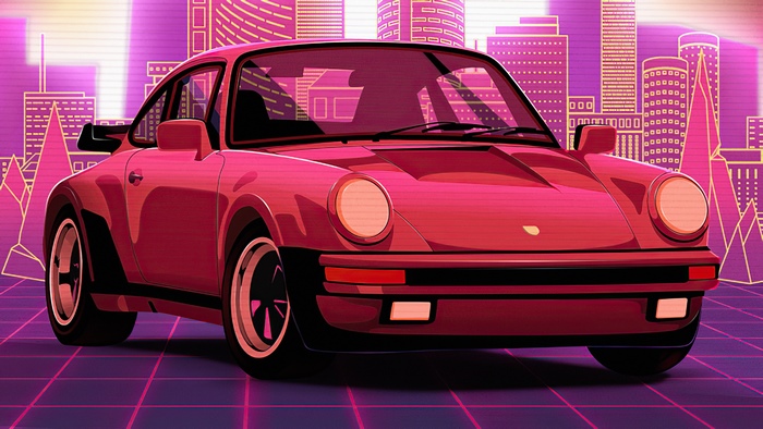 Red Porsche 911 Turbo in a Retrowave City