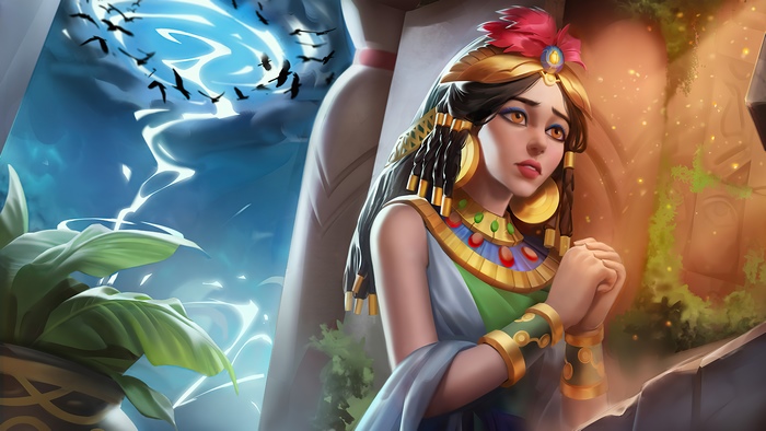 Woman in Egyptian attire with birds and lightning