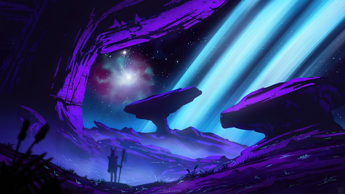 Synthwave alien landscape with celestial phenomena