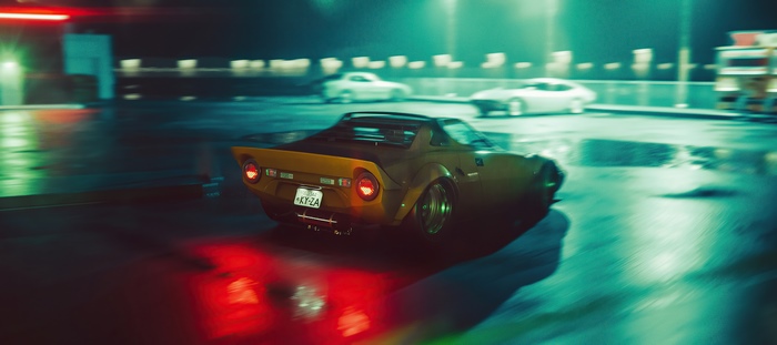 Yellow Mazda RX-7 driving on wet street at night