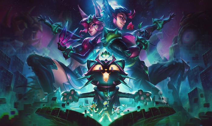 League of Legends characters with pixelated cat creature