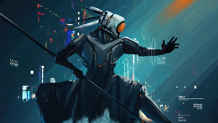 Cyberpunk robot with a staff in a city