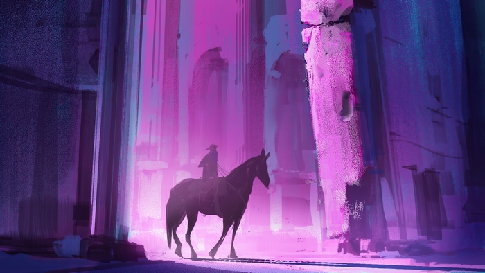 Silhouette of a warrior on horseback in a purple and blue abstract landscape