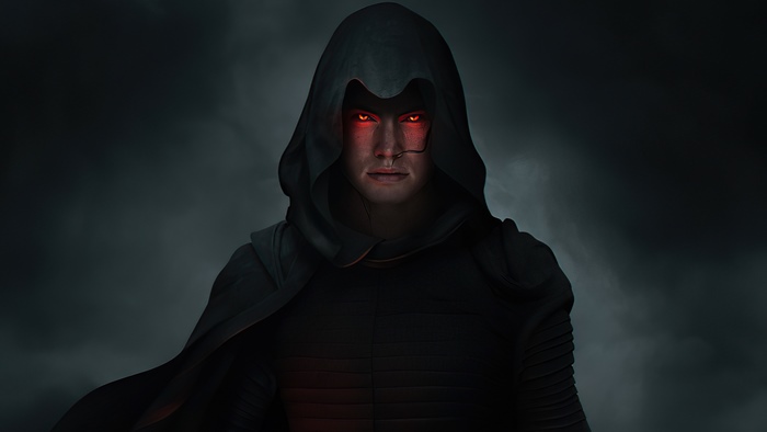 Man with glowing red eyes in a hood from Star Wars