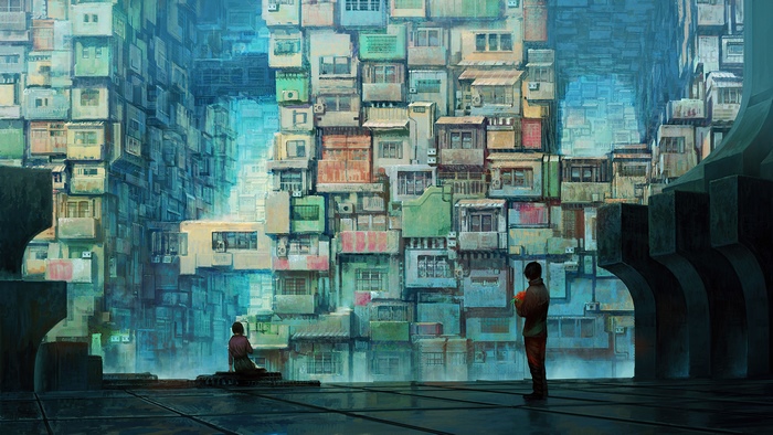 Digital art of a dense, vertical city with two figures