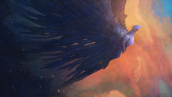 Dragon with large wings in front of colorful sky