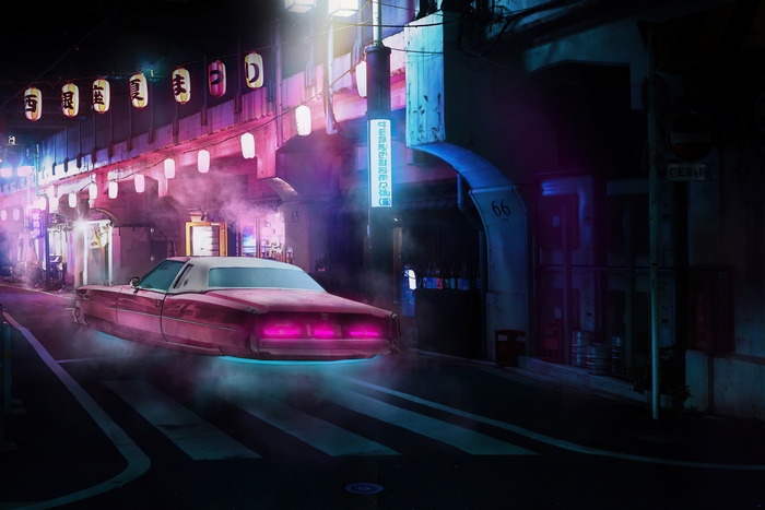 Sci-fi cyberpunk city street with flying car