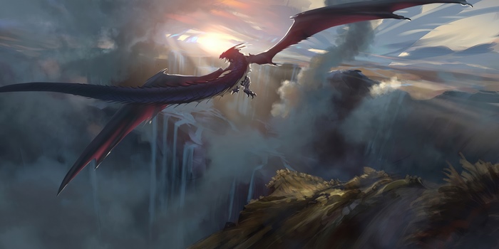 Two dragons flying over waterfalls and mountains