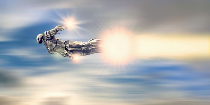 Iron Man flying with energy blast