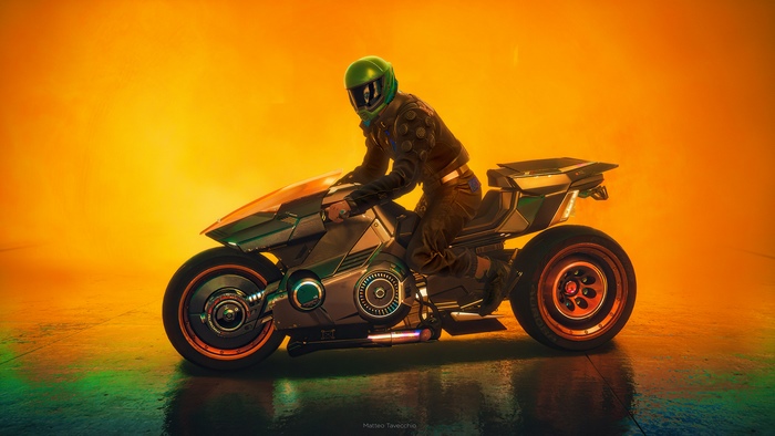 Cyberpunk 2077 biker on a futuristic motorcycle
