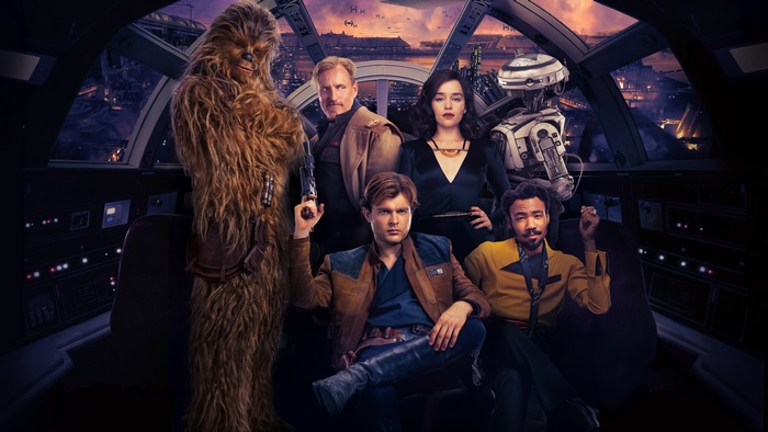 Chewbacca, Han Solo, Lando Calrissian, Qi'ra, Tobias Beckett, and L3-37 from Solo: A Star Wars Story