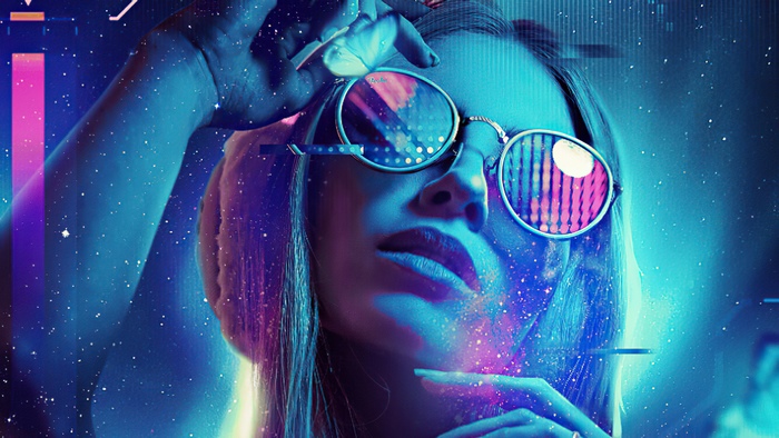 Woman with neon glasses and cosmic background