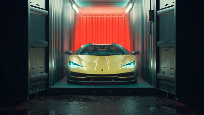 Yellow Lamborghini Centenario in a Shipping Container