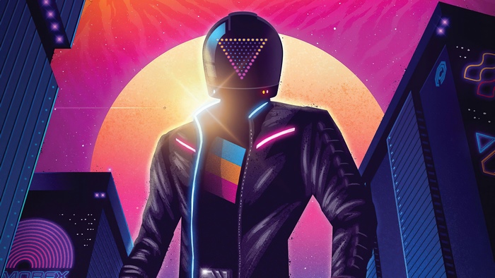 Man in helmet with neon jacket in retrowave city