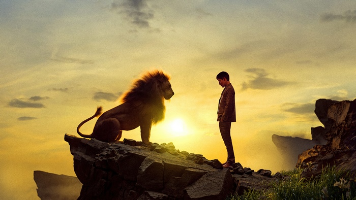 Aslan and a boy on a cliff at sunset