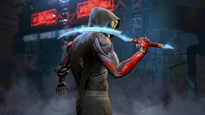 Ghostrunner character with glowing sword