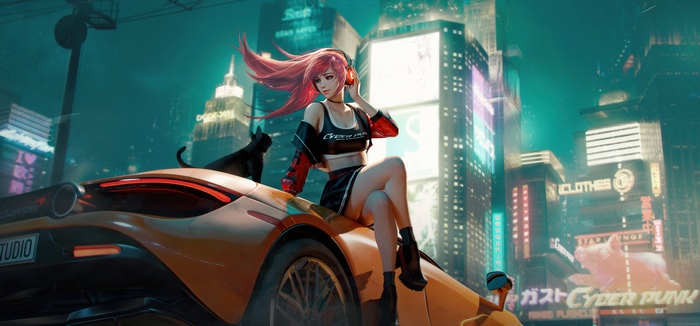 Anime girl with headphones and cat on a car in cyberpunk city