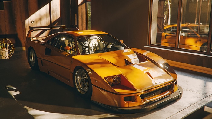 Orange Ferrari F40 in a garage