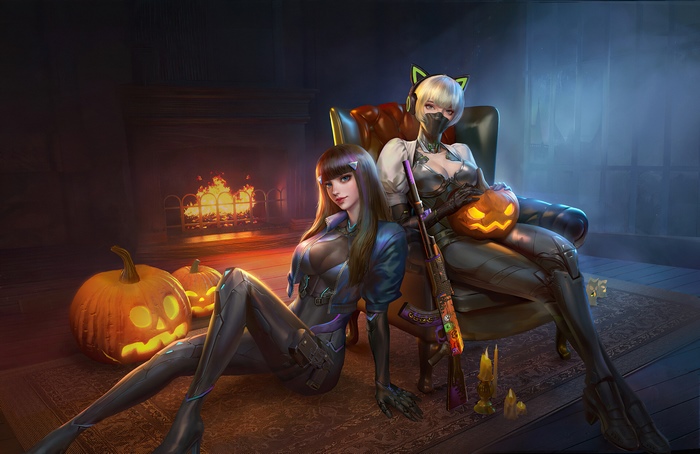 Two women with guns and pumpkins for Halloween