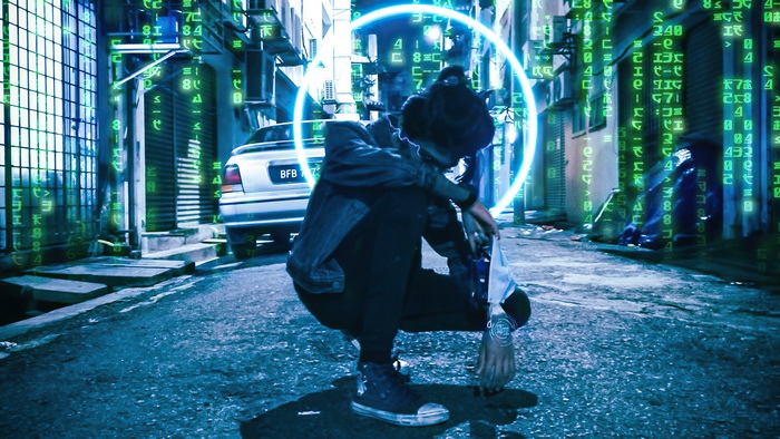 Cyberpunk alley with person and digital rain