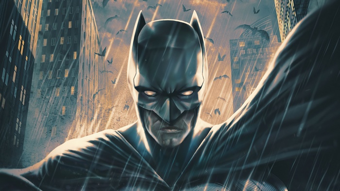 Batman in the rain with birds flying